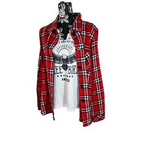 Freebird Graphic Tee Red and Black Plaid Flannel Bundle